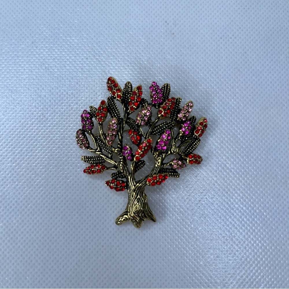 Betsey Johnson Tree Brooch Gold Tone Red Pink Leaves